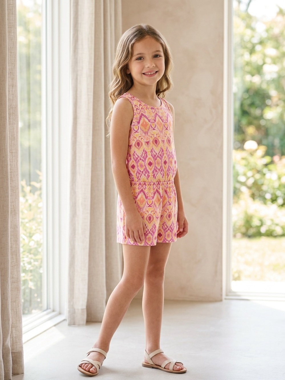 The Children's Place Pink & Yellow Ikat-Print Girls Romper